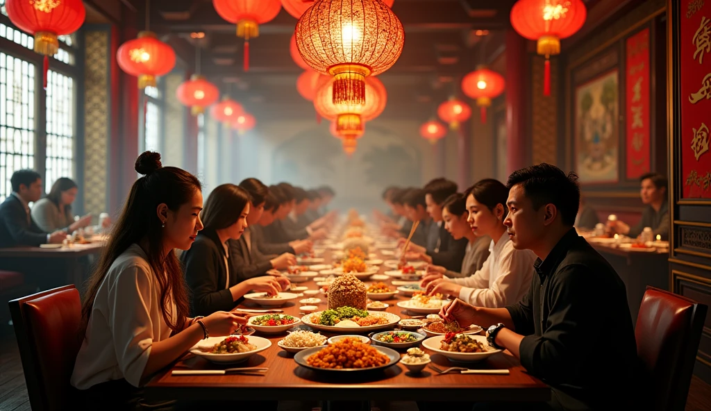 In the style of real movies,Chinese restaurant,Seven or eight tables,Diners sitting at the table eating food,The table is filled with various Chinese dishes.