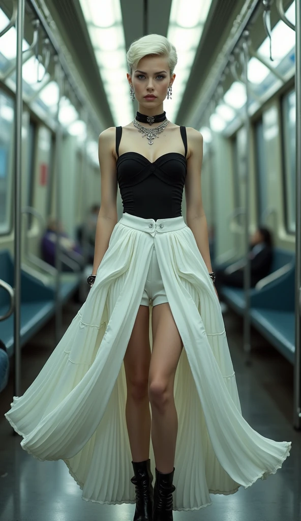 (((Blunt bangs, Princess Bang))), (((Very heavy,Voluminous bangs:1.1))),(((very long, Very heavy,Very voluminous side locks:1.1))),, Hime cut, Straight bangs hairstyle, People with round faces and plain bangs, dull with long hair、Bangs cut straight,))High Fashion Portrait, (Highest quality, detailed,masterpiece:1.2), Realistic, 1 person, Beautiful woman, Full Body Shot, Fashion Model, Dynamic pose, break small head, break (detailed buttocks, detailed legs, detailed body line, toned big breasts, Very small waist, Tight big ass, Beautiful muscular legs, Beautiful legs, Creates a sculptural beauty:1.2), Beautiful white, silky skin, A slim and beautiful neck, (Full Body Shot, Dynamic pose:1.2), break Opt for a sleek, A fitted jet black tank top, Made from luxurious silk with a subtle sheen, Layered with a voluminous white maxi skirt, Featuring intricate pleats and futuristic geometric patterns, break Accessorize with an abundance of statement jewelry, Includes large silver cufflinks, oversized hoop earrings, A sophisticated choker necklace for a luxurious look, break Complete the ensemble with patent leather ankle boots in glossy black, Metallic embellishments and a sculptural heel add drama., Carry a structured clutch bag made from smooth white leather, Adorned with futuristic hardware accents for a modern twist, break Style hair in a sleek, Architectural Upstyle, Sharp angles and a sleek finish give it a futuristic feel., break small head, detailed face, ((Full body photo))((Directly facing)))looking at the camera,masterpiece,Highest quality,8k,クレイジーなdetailed,複雑なdetailed,超detailed,super quality,High detail(((全身黒Costume,The hem of the skirt is fluttering in the wind,))Costume,))looking at the camera(Realistic、Realistic:1.37)、,Highest quality, figure, 超detailedな, finely, 完璧なダイナミックな構figure, ((Taken in the middle of a subway train)), Beautiful and fine details,Expressionless,, ,20 years old,Model body type,, ,Women are paying attention, Her face is beautiful and delicate,Showing an otherworldly beauty。,A female model standing in a subway train,, Fashion Model,looking at the camera,masterpiece,