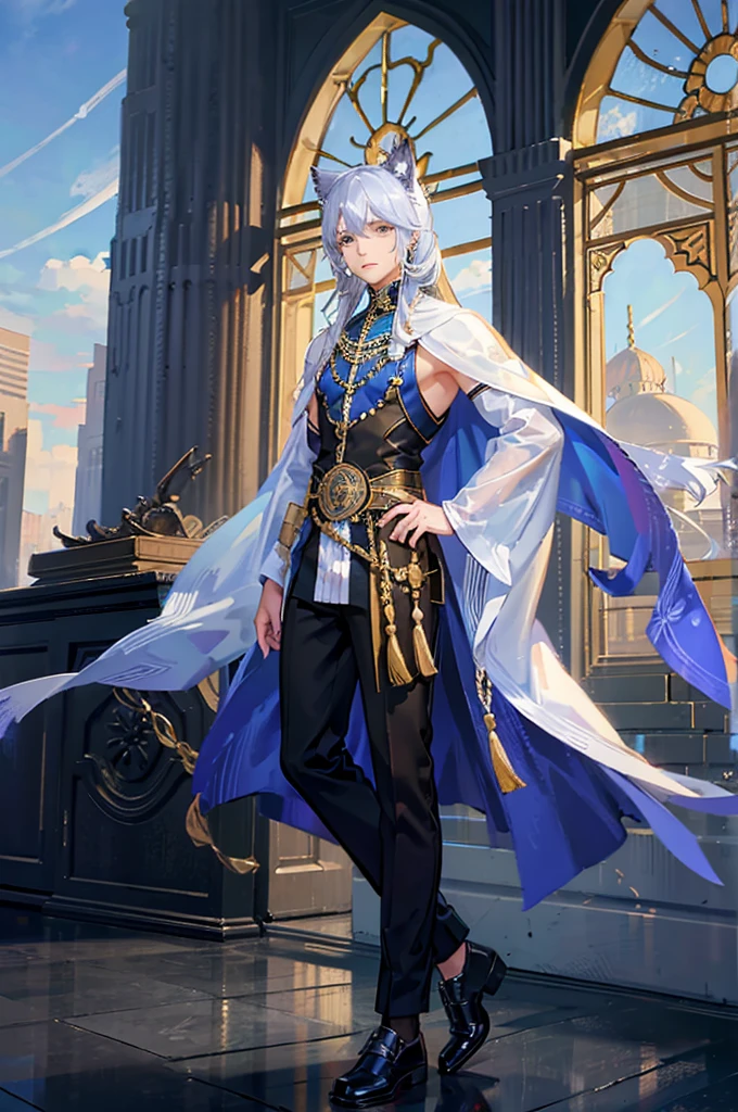 A muscular young man in his 20s　Arabian attire　Cat ear　Gold clothing、Tassel　Full body portrait　Silver Hair