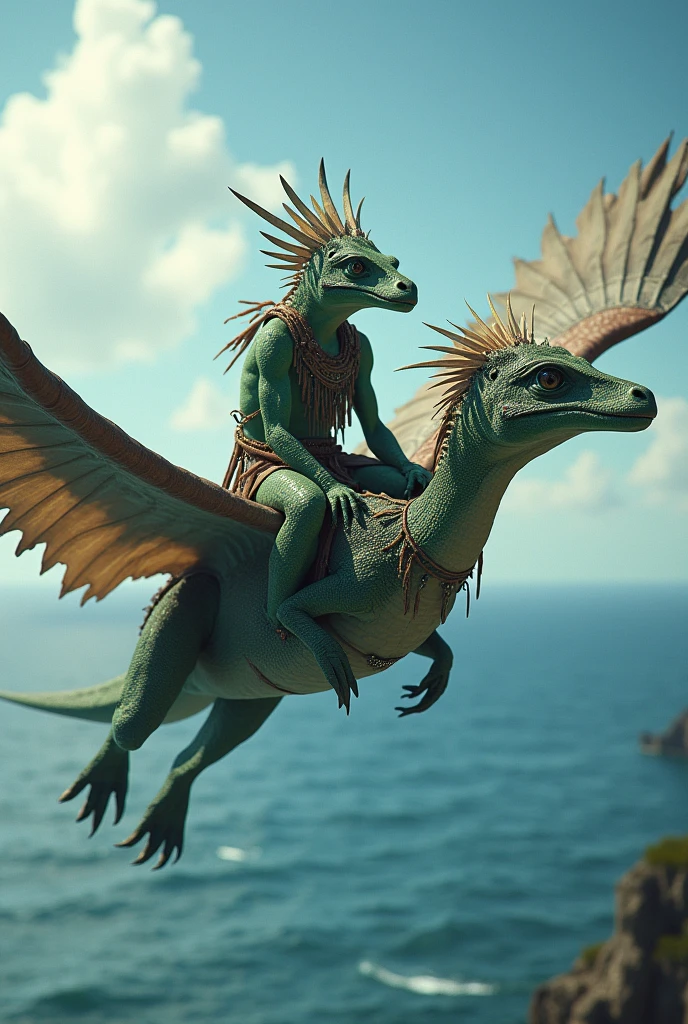 Green scaled reptilian in tribal costume, rides on the back of a pterodactyl..she flies over the sea