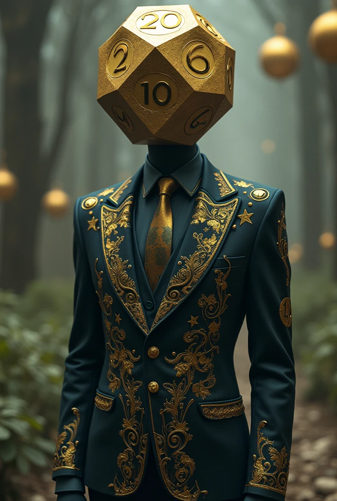 And on the suit there are several numbers drawn in gold And in place of the head there is a 20-sided die