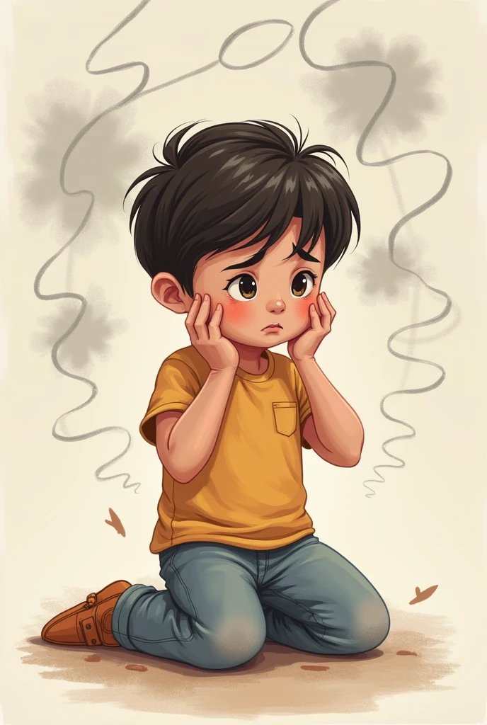 Create an illustration representing the concept 'Some symptoms of anxiety in childhood can be.' The image should show a young child displaying signs of anxiety, such as fidgeting, biting their nails, or holding their head in their hands. Surround the child with visual elements like swirling lines or dark clouds to symbolize worry and fear. The background should be simple, allowing the focus to remain on the child's expressions and body language. Use soft, muted colors to convey a sense of unease and vulnerability, capturing the emotional impact of anxiety on a young child.