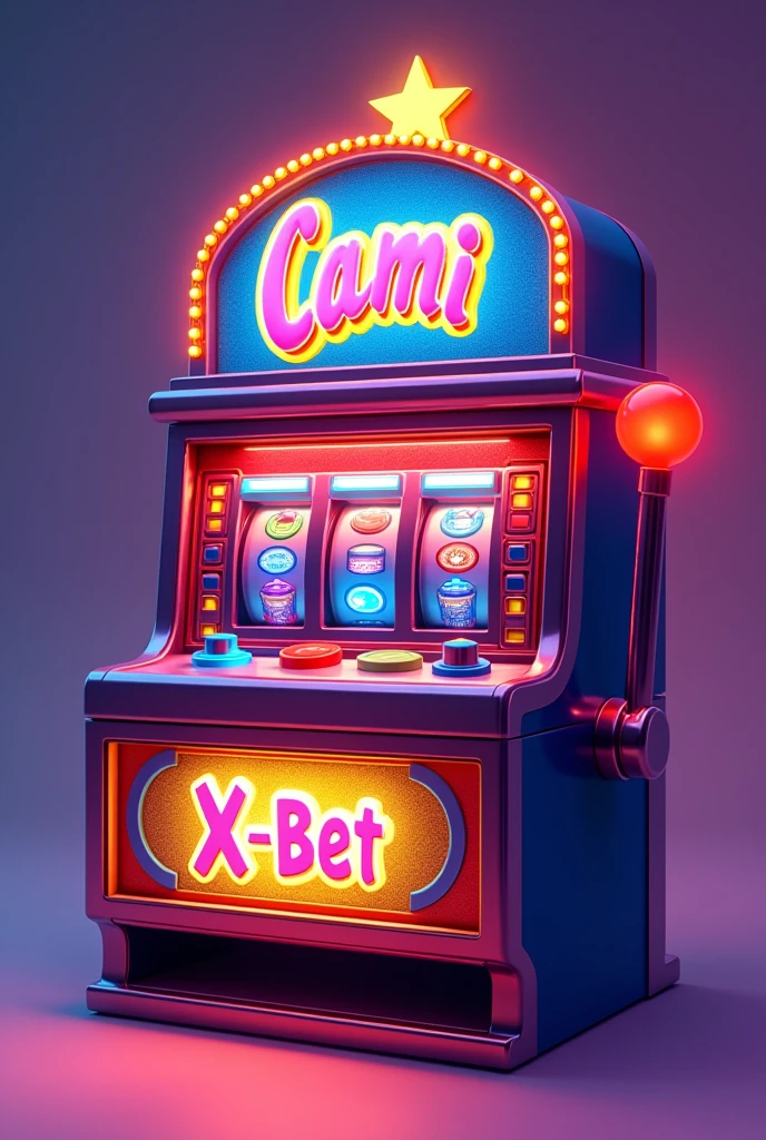 a slot machine, On top of that it says "equipment" in small red and larger it says "CAMI X-BET" in white. head on, a cartoon-type triangle slot machine BIG
