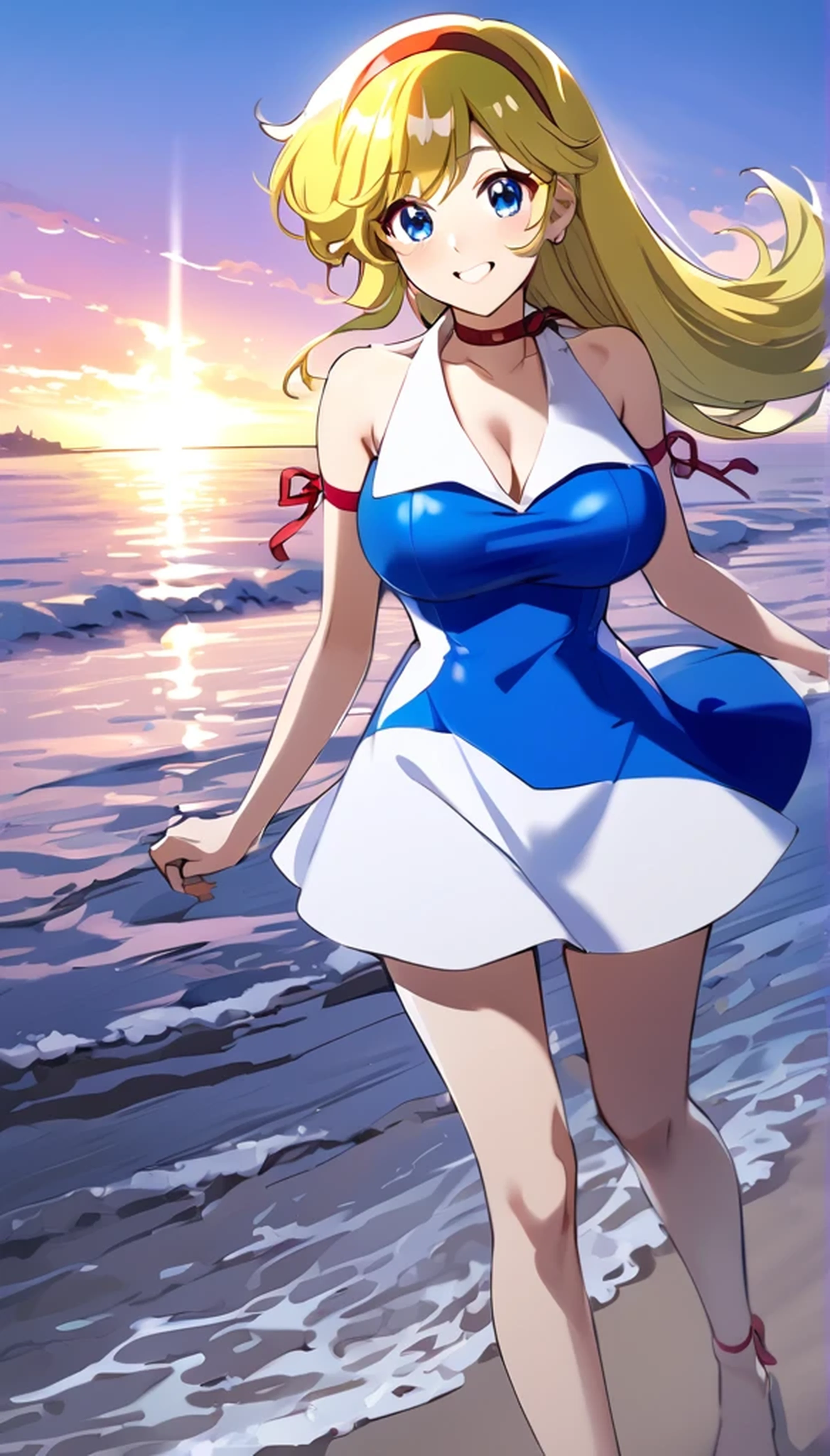 (Anime artwork, Anime Style, Studio Anime, Very detailed, up to date, Vibrant, Anime Coloring Book, High Contrast, masterpiece:1.2, Highest quality, Best aesthetics),((kisaragi honey:1.4)), (blonde hair:1.1), summer dress, (hair band, red), BREAK score_9, score_8_up, score_7_up, source_anime, best quality, (blue eyes:1.1), (She walked along the beach in the sunset, her bare feet touching the water, the closest she came to seeing that smile:1.1), (cinematic angle:1.1),