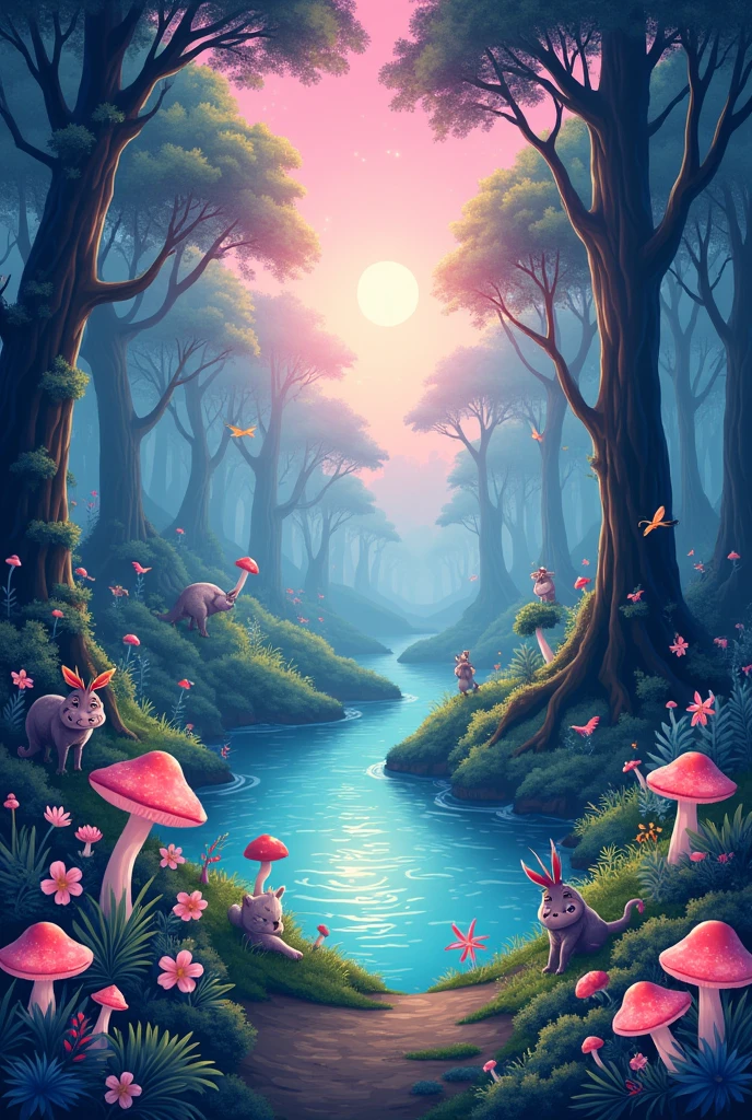 Vector Art,Fantasy Forest,Pink hue