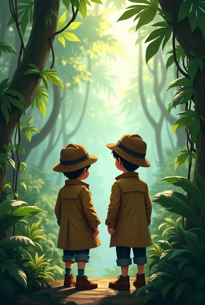 Two boys in the jungle to solve a mystery with a detective dress. Pose from back side