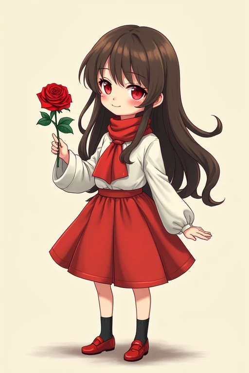 A deformed illustration of a cute anime girl with long brown hair, red eyes, wearing a white dress shirt with a red scarf-shaped ribbon, a red skirt, black socks, and red shoes with white socks, smiling and offering a red rose.