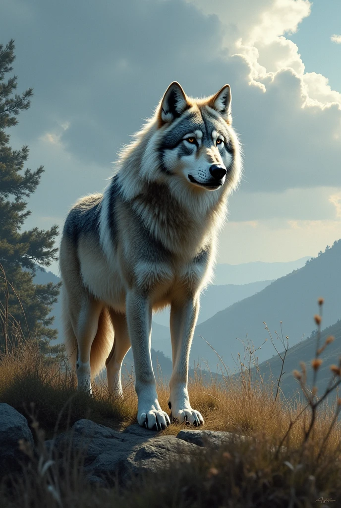 Create for me a picture with a wolf and wind
