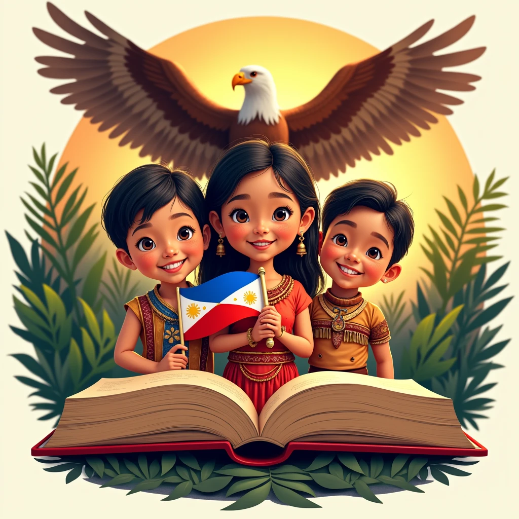 Create a traditional and modern logo for Buwan ng Wika (National Language Month) featuring three people smiling with bright teeth, brown skin tone, (half body) standing close together popping from a book in the BACKGROUND, NATURE BACKGROUND, wearing traditional Filipino attire, and a philippine eagle in the back spreading out its wings. The central figure, a girl IN THE MIDDLE holding the Philippine flag in a traditional Filipino dress consisting of a dirty white blouse (Baro) and a red skirt (Saya). The two accompanying figures, one boy in a barong tagalog and the other one boy dark skin in tribal attire(PHILIPPINES), overall 3. Use the colors of the Philippine flag and any other colors that represent the topic. The composition should be in a fish point of view. (warm tone) (golden hour) (close up of the face), vibrant colors.