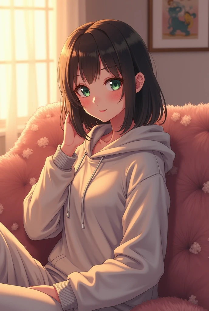 A beautiful light brown skin anime girl in her early 20's with green eyes with brownish black hair with a casual face sitting on her fluffy couch in her fluffy blackish pink hoodie In her pajama pants in a relaxed pose facing her audience and talking to them with boba tea on her side