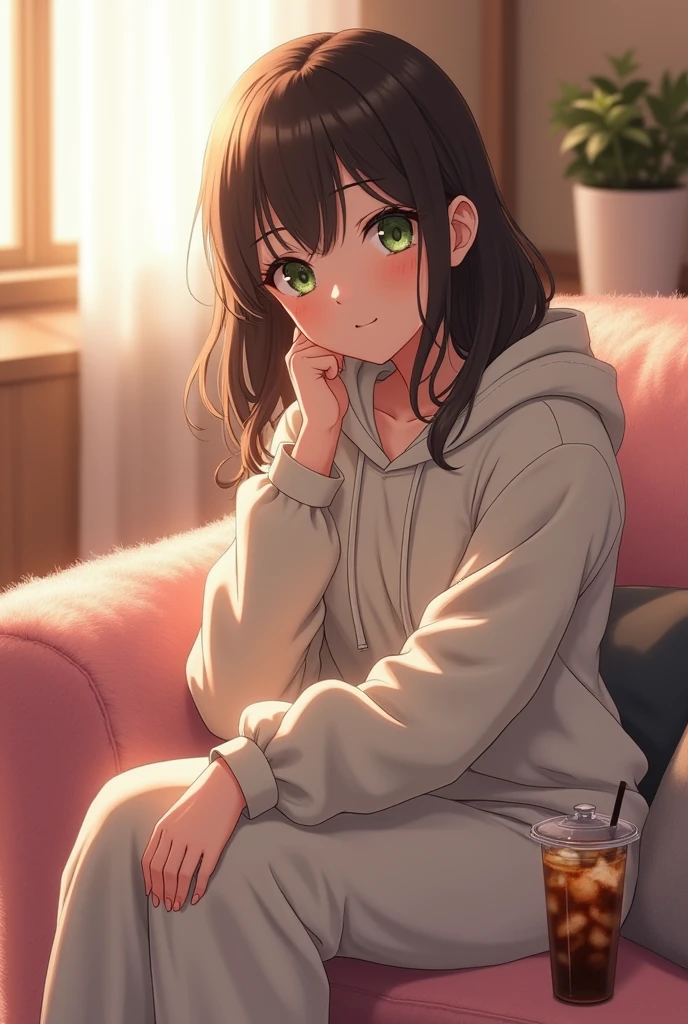 A beautiful light brown skin anime girl in her early 20's with green eyes with brownish black hair with a casual face sitting on her fluffy couch in her fluffy blackish pink hoodie In her pajama pants in a relaxed pose facing her audience and talking to them with boba tea on her side