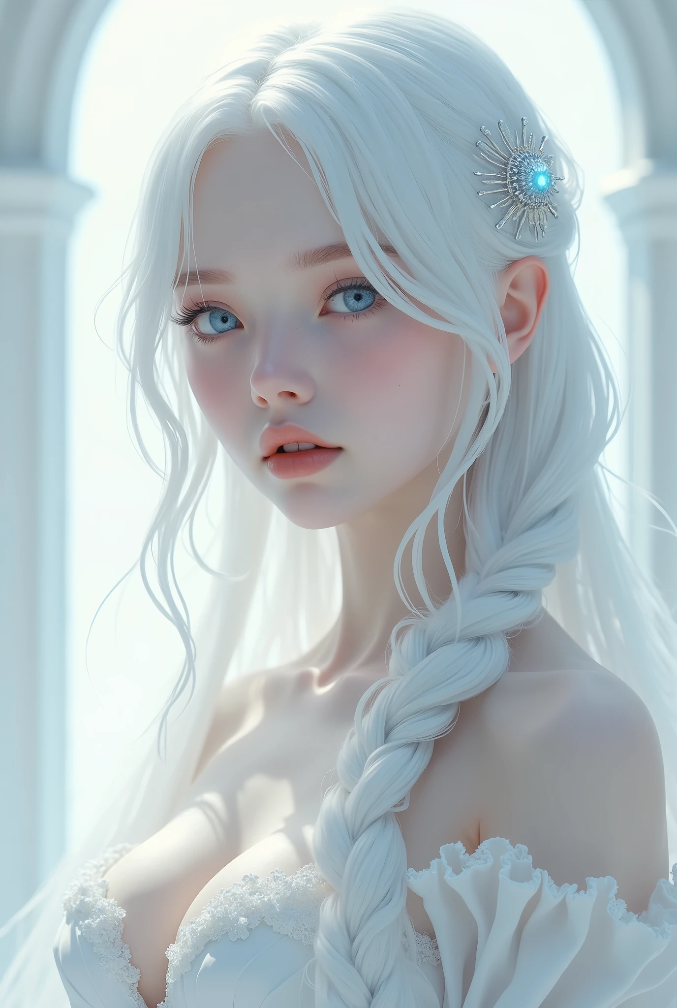 Excellent, masterpiece, white hair, blue eyes, White clothes, Upper Body, hair, White skin, Side Braid, best quality