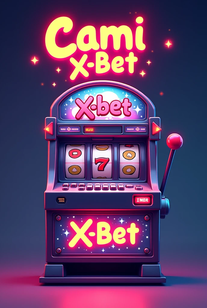 a slot machine, On top of that it says "equipment" in small red and larger it says "CAMI X-BET" in white. head on, a cartoon-type triangle slot machine BIG