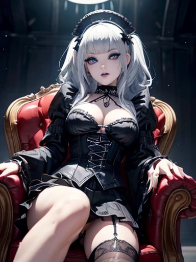  A gothic punk goth girl, perfect face, beautiful Asian woman with long White hair in curls and coils, very cute and           beautiful girl, (highly detailed beautiful face), high detailed fingers, (Blood Red corset) detailed face, curled hair
]cowboy shot, looking at viewer, Standing, white panties. intricate details, cinematic scene, detailed background, solo, dynamic angle,  ((beautiful big blue eyes looking down at the viewer, black shiny lipstick, perfect Asian goth cyber makeup)) double d breast, detailed cute face, white hair, gothic punk fashion, highly detailed gothic fashion, short skirt, heavy make up,),(dark black lipstick), size, Backlight effect, lens flare, depth of fields, blurry background, Detailedface,1 girl, Detailed eyes, ,(thigh up shot image :1.5), Black gloves, sitting on a leather chair, cross legged, facing forward