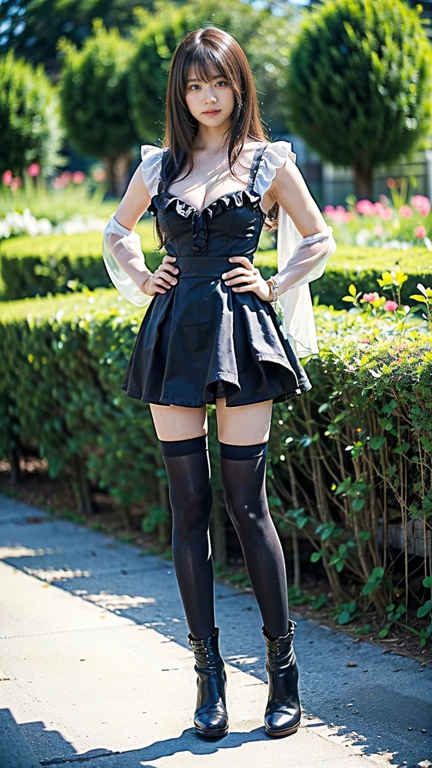 (8k、RAW Photos、Highest quality、masterpiece:1.2)、(Realistic、Realistic)、1 person、((black、Cleavage、See-through、garden、Frills、tights、mini skirt、Thin legs、whole body、boots、View from the front、Looking into the camera、Stand with hands on hips))、cute