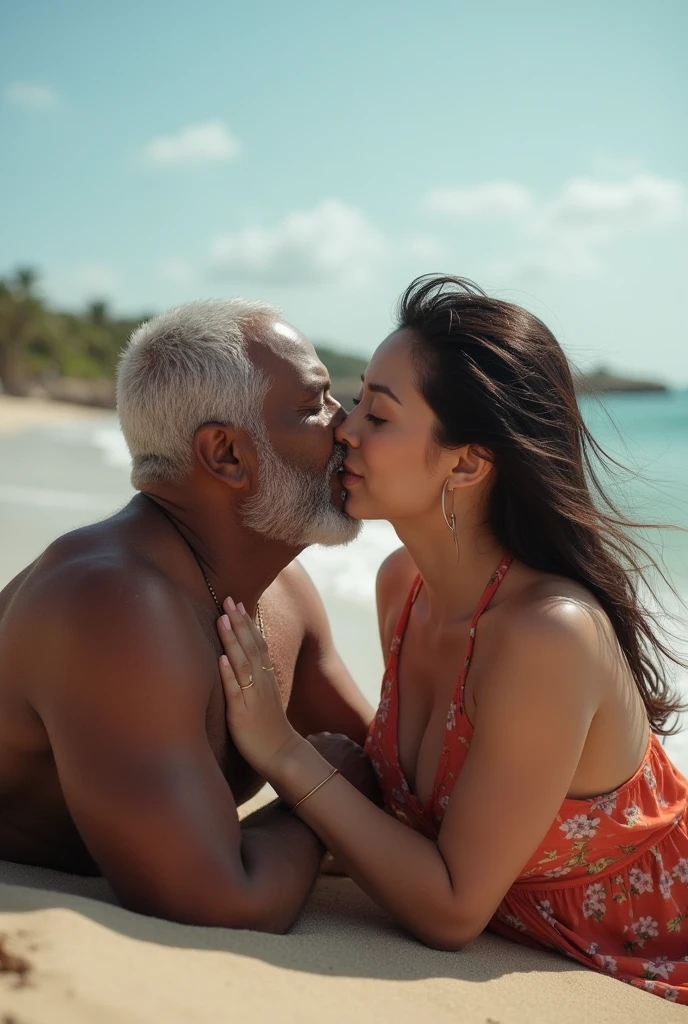 African grandpa and Jennie Kim having sex while lying on the beach