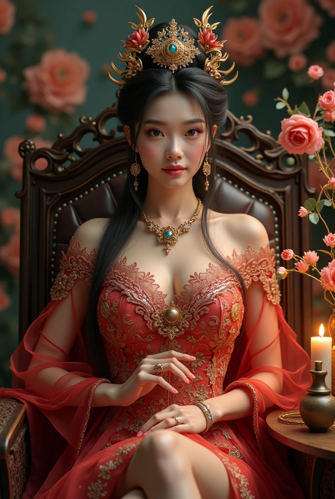 (generate a beautifull taiwanese indonesian mix blood queen, gigantic breast, wear luxury traditional dress, medium hair, sit on luxury throne, hand on hips), (luxury table and flower vase), (magic bottle), (candle on table), (((show underboobs))), (show thigh), (detailed demon hairpin), detailed man-eater flower background, beautifull face, pretty face, beautifull eyes, beautifull nose, sexy lips, raytracing, beautifull fingers, beautifull hands, sexy belly, sexy body, sexy shoulders, sexy legs, sexy hips, (luxury bracelet), (luxury ring), (luxury necklace), beautifull nails , blue eye, perfect hand, perfect fingers, white skin, full body picture, pretty makeup, good lighting, realistic shadow, professional photography, 4k resolution, perfect anatomy, sfw