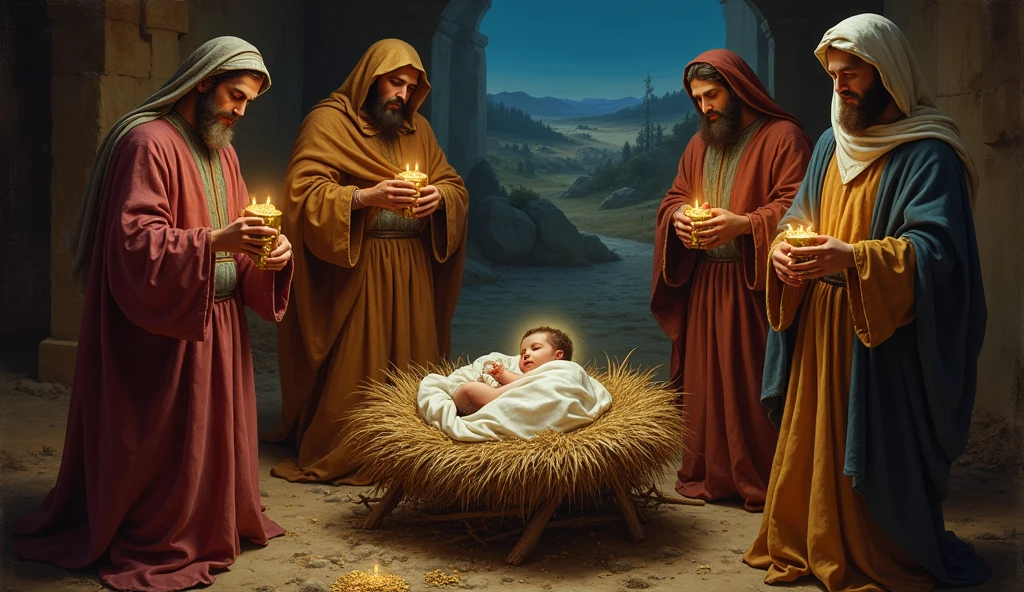 biblical history, 
The magicians, , they found the baby with Maria,  
They offered him valuable gifts: 
gold, frankincense and myrrh, each symbolizing an important aspect of their identity and mission.