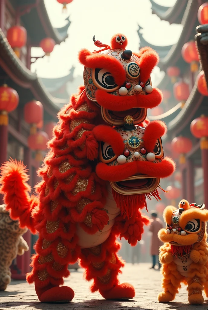 Two lion dances，A lion dance rides on the back of another lion dance with its genitals exposed，Another lion dancer shows a surprised expression