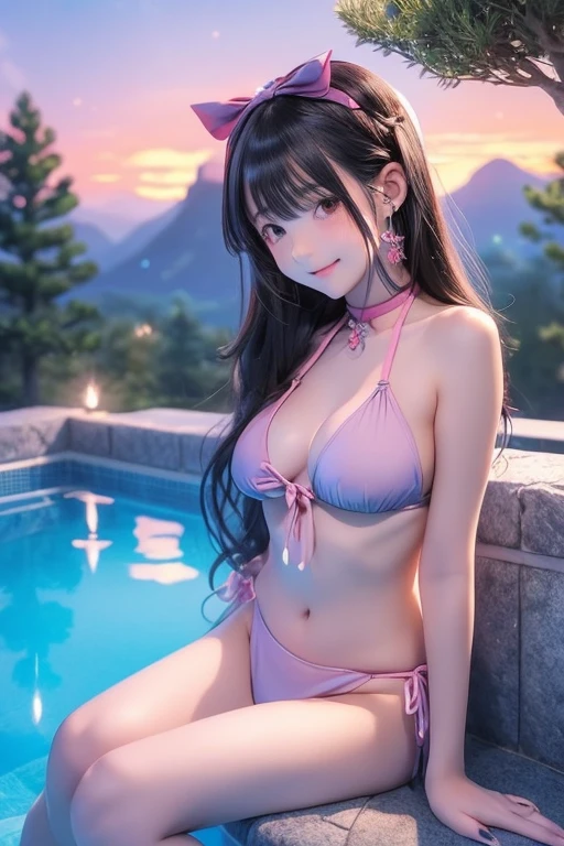 "A detailed anime-style illustration of a beautiful young woman sitting poolside. She has long, dark hair and is wearing a blue bikini with delicate pink accents and a small bow. The setting is outdoors during a serene sunset, with a calm pool reflecting the sky and distant trees. The background includes soft mountains and warm, glowing light, creating a peaceful and tranquil atmosphere."