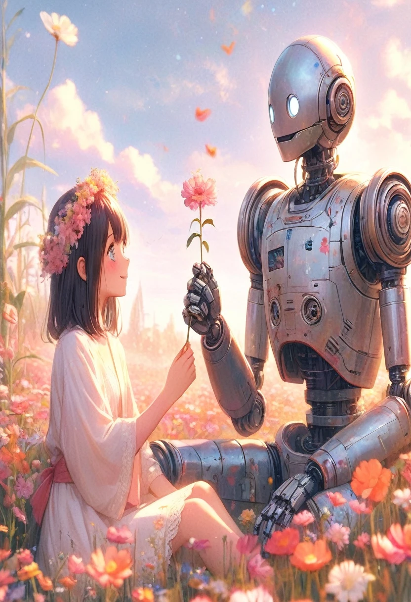 Robot with big smiling eyes is in a flower field, Kind cyborg girl holding flowers, humanoids overgrown with flowers, Alena Aenami and Android Jones, Beeple and Jeremiah Kettner, Mecha aesthetics, Robot Girl, A mix of anime robots and organic matter,  Meet the robot, Robot Sensation, Woman and robot, Beautiful digital art, Friendly robot, cute humanoid robot