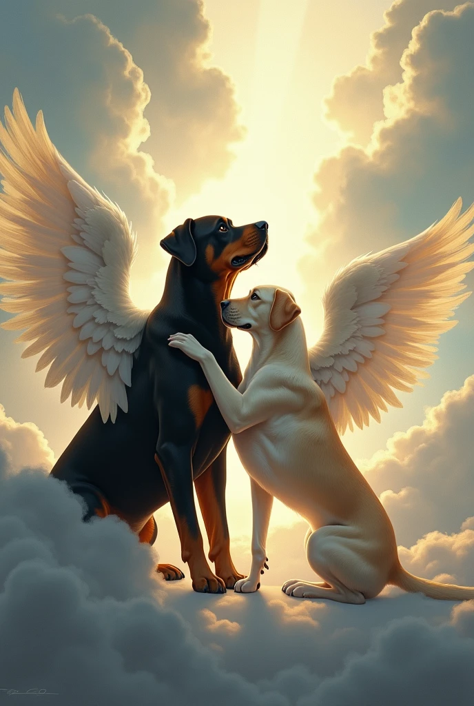 Create a drawing of a Rottweiler dog, all Black, with angel wings, arriving in heaven and being welcomed, in the sky, by another dog, Labrador, light-colored, also with wings.