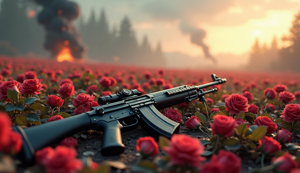 2024; (masterpiece, best quality) destroyed field of flowers roses on the floor; flowers on the ground; Springfield Rifle Down(close-up); bombs falling from the sky.; fire around.