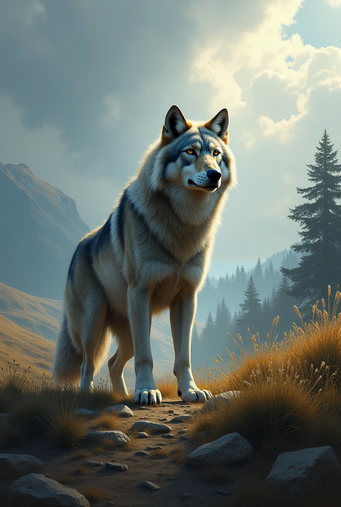 Create for me a picture with a wolf and wind