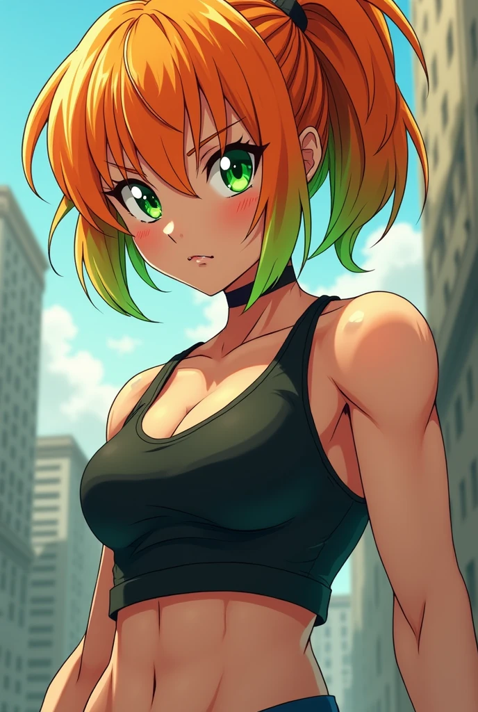 A muscular teenage anime woman with orange hair with green highlights and green eyes 