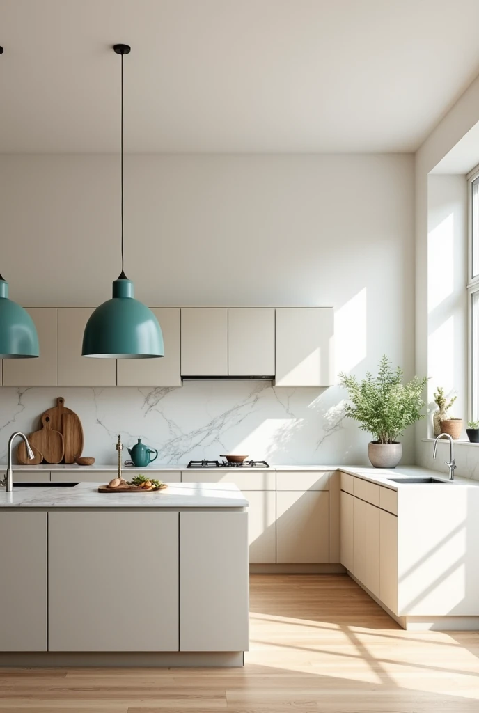 Design a minimalist complete kitchen that conveys elegance and functionality. Use a neutral color palette, as white, gris o beige, for walls and furniture. The design must include:
1. **walls:** Painted in a soft white or light grey to create a light and airy environment.
2. **furniture:** Opt for furniture with clean, modern lines in beige or grey tones. Includes cabinets without visible handles to maintain the minimalist aesthetic.
3. **Work Surface:** A white or grey marble countertop that complements the rest of the space.
4. **floor:** A light wood floor or ceramic floor in neutral tones to add warmth to the environment.
5. **Color Accents:** Incorporate specific color accents, as a pendant lamp in a vibrant blue or green hue, or kitchen utensils in bright colors that provide visual contrast without overwhelming the space.
6. **Decor:** Keep the decoration to a minimum, using only a few decorative elements such as simple potted plants or abstract art on the walls.
7. **lightning:** Make sure there is plenty of natural lighting, complemented by recessed lighting and an elegant central lamp.