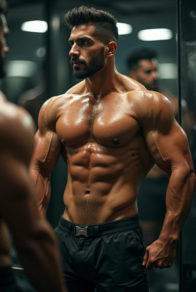 A man flexing his body IN gym mirror 
And at top side LEFT  there is written PRIYANSHU RANDIKHANA