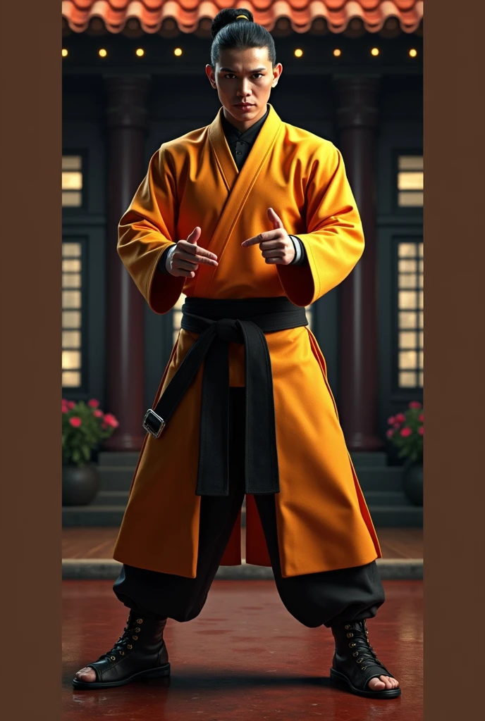 a master of martial arts,displaying his own skills.((protector,fighter,ancient,murder,bravery)),((orange,yellow,red)),(( Full figure wiew)). ((Three quarter wiew)),((deep wiew)),modern suburbs scenario background,photographic,ultra high resolution,hyperdetailed, masterpiece, 3d modelling, digital art.