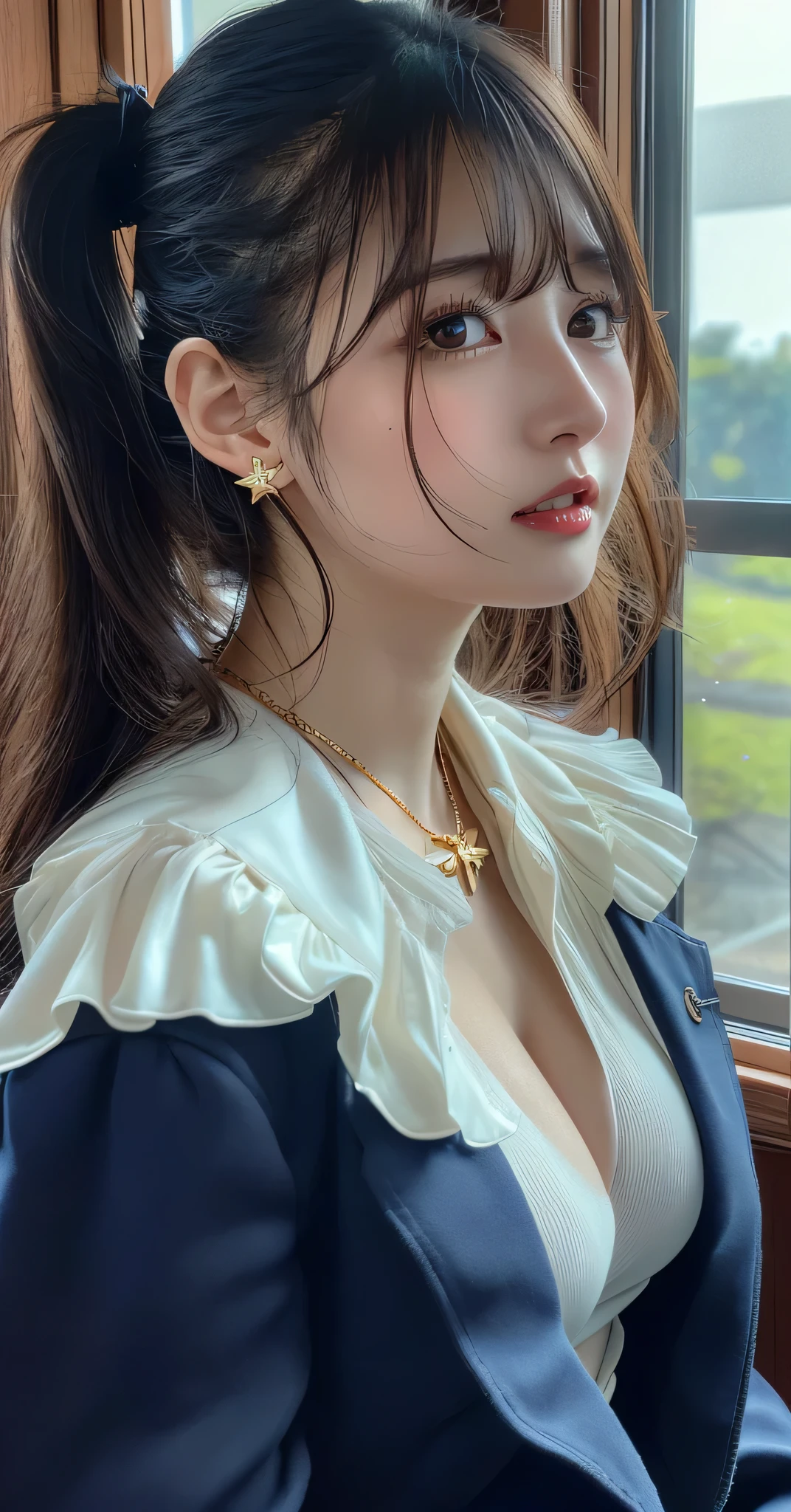 (8k,RAW Photos,Like the picture:1.45),masterpiece,Highest quality,wonderful,(セクシーなMature Woman:1),(Mature Woman:1.3), (Japanese women.1.3)、(((very, very大きい胸)))、(((Extremely lewd and very huge boobs)))、(((Very deep cleavage)))、Hyper Real、In her spacious office、A beautiful and dignified smile、Beautiful white skin、Beautiful, delicate and precise skin texture、With long, fluffy, beautiful brown hair(ponytail:1.0)、Beautiful Japanese Women、(Big Ass)、Thick thighs、Bright red lips、Gold small star shaped earrings、Gold bracelet、Gold Necklace、{Dark royal blue suit((White blouse))},