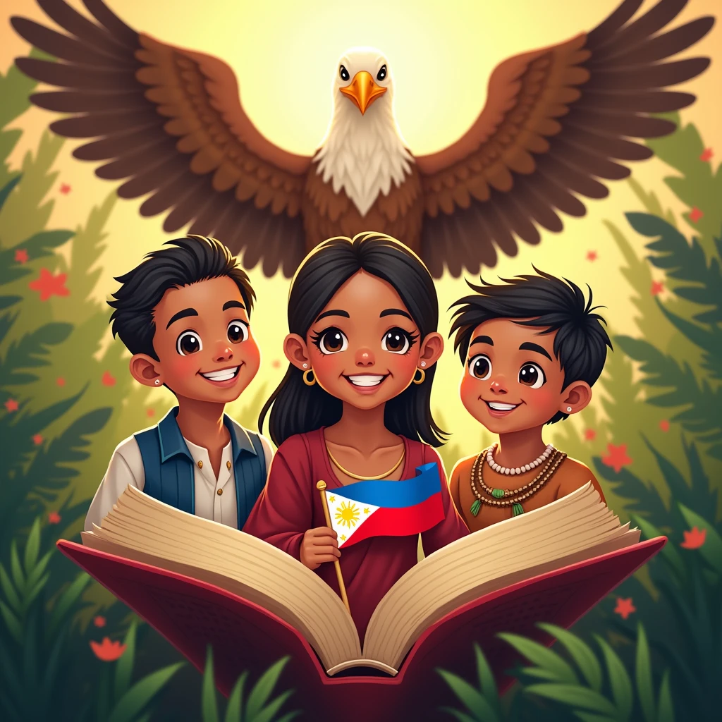 Create a traditional and modern logo for Buwan ng Wika (National Language Month) featuring three people smiling with bright teeth, brown skin tone, (half body) standing close together popping from a book in the BACKGROUND, NATURE BACKGROUND, wearing traditional Filipino attire, and a philippine eagle in the back spreading out its wings. The central figure, a girl IN THE MIDDLE ONLY holding the Philippine flag in a traditional Filipino dress consisting of a dirty white blouse (Baro) and a red skirt (Saya). The two accompanying figures, one boy in a barong tagalog and the other one boy dark skin in tribal attire(PHILIPPINES), overall 3. Use the colors of the Philippine flag and any other colors that represent the topic. The composition should be in a fish point of view. (warm tone) (golden hour) (close up of the face), vibrant colors.
