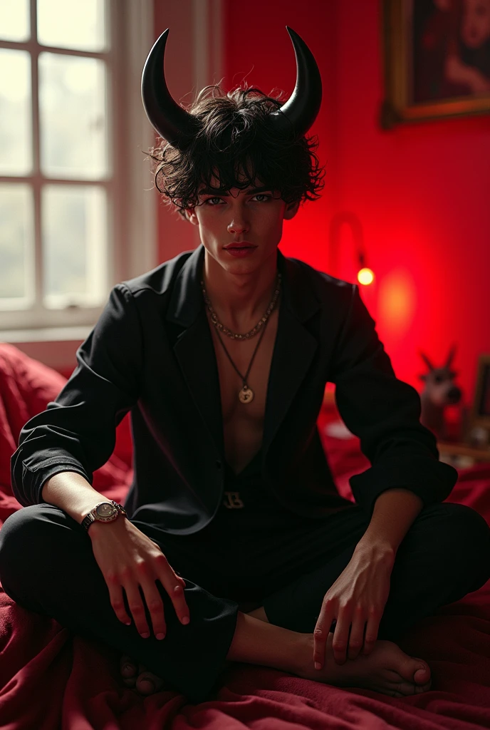  handsome boy Devil   wearing bad ass clothes , pajama pants, curly hair, , lighting, red light in background, window with sunlight, cozy room, sexy pose pose, realistic, intricate details, Balck and red colors