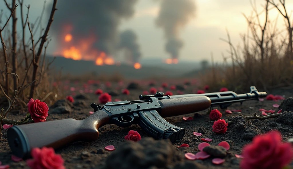 1944; (masterpiece, best quality) destroyed farms roses on the floor; flowers on the ground; 1IMBEL IA2 rifle Down(close-up); bombs falling from the sky.; fire around.