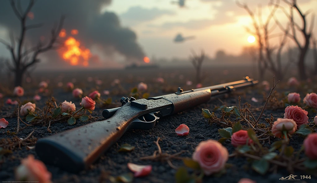 1944; (masterpiece, best quality) destroyed farms roses on the floor; flowers on the ground; 1IMBEL IA2 rifle Down(close-up); bombs falling from the sky.; fire around.