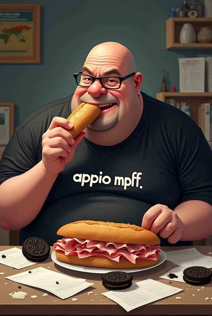 white male, aged 50, baldie, fatter, cheeky, wrinkled face, wearing glasses, eating baguette with ham, leaning against a cluttered computer desk, stacks of papers, Oreo crumbs and cookies. Wearing a black shirt with the phrase MPF Support