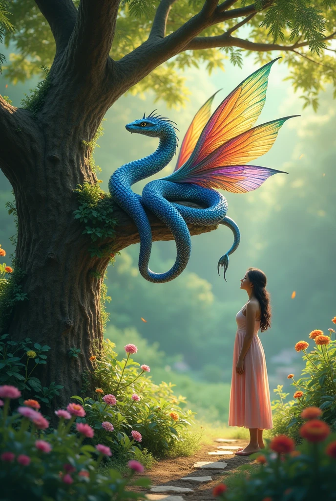 Cute, beautiful snake with four feet and wings, its scales reflect the rainbow like a fairy. No horns and with feet on a tree in a garden looking at a woman.