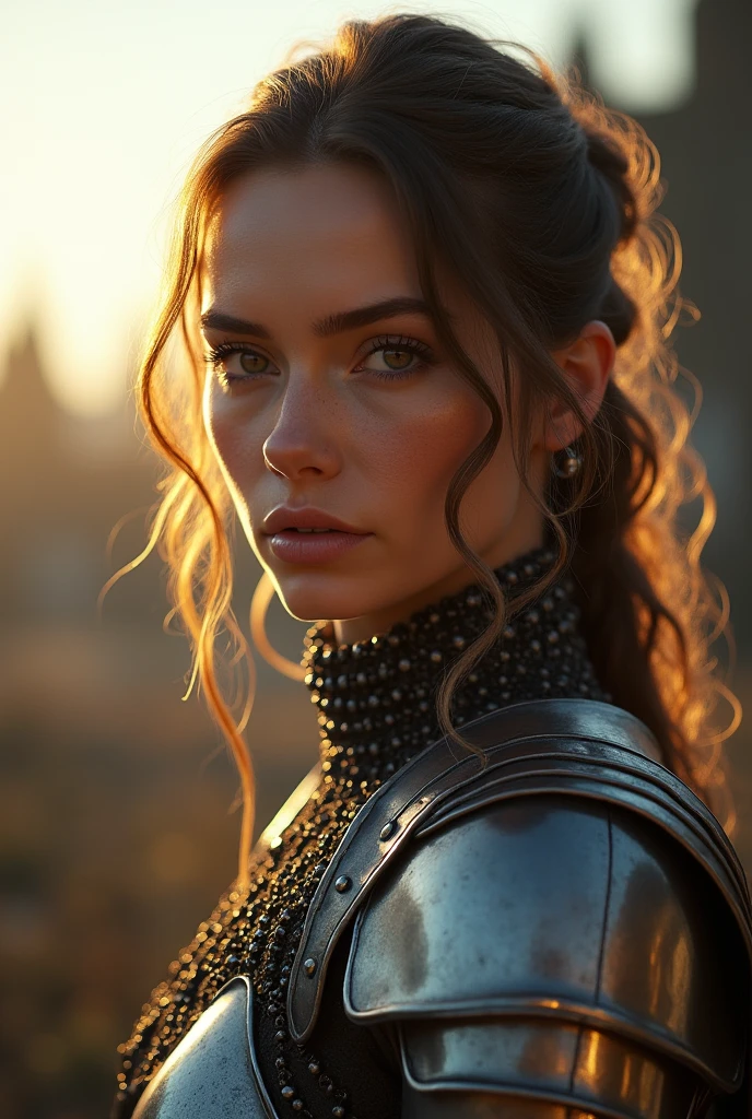 (masterpiece), (extremely intricate:1.3), (realistic), portrait of a girl, the most beautiful in the world, (medieval armor), metal reflections, upper body, outdoors, intense sunlight, far away castle, professional photograph of a stunning woman detailed, sharp focus, dramatic, award winning, cinematic lighting, octane render  unreal engine,  volumetrics dtx, (film grain, blurry background, blurry foreground, bokeh, depth of field, sunset, motion blur:1.3), chainmail