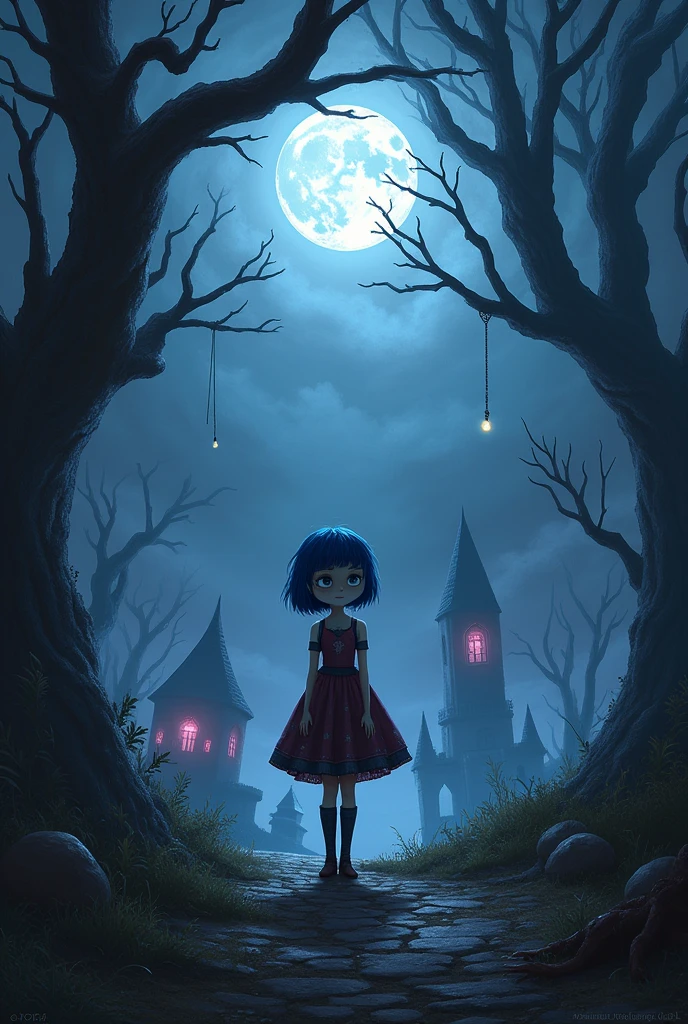 A background of the character Coraline in Dark Fantasy style