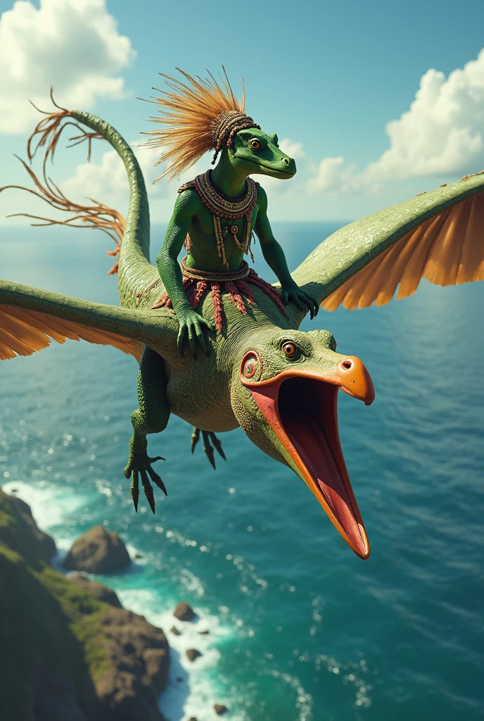 Green scaled reptilian in tribal costume, rides on the back of a colorfully beaked pterodactyl .she flies over the sea