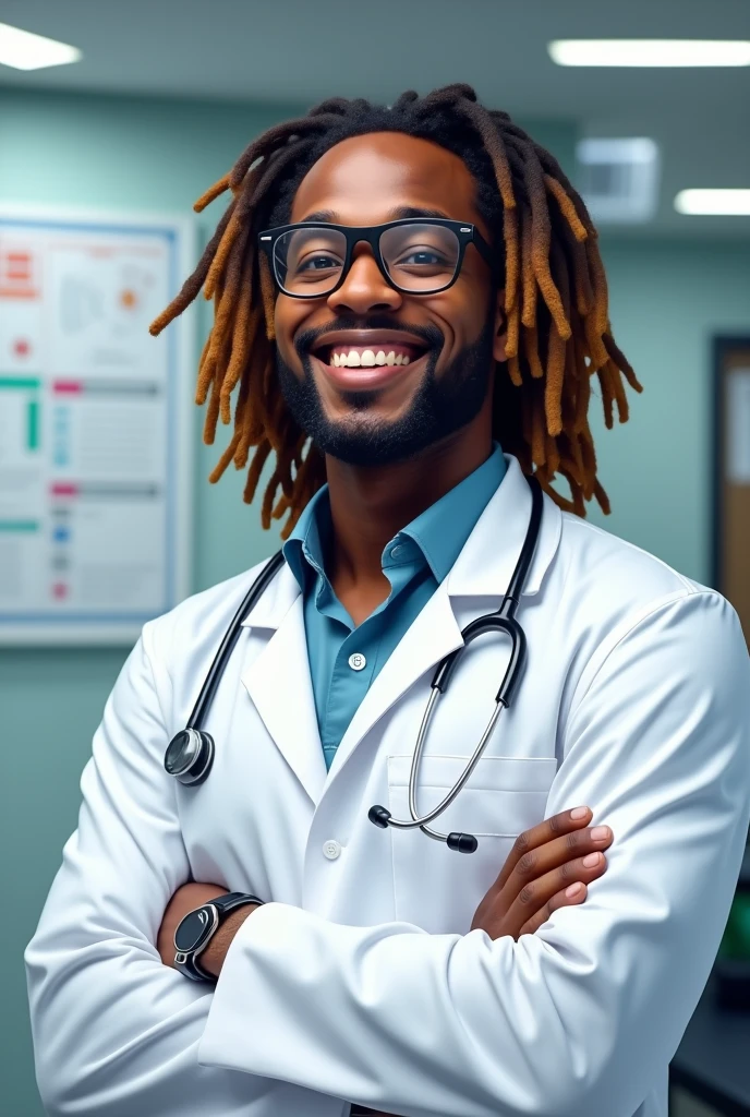 A black male doctor wearing dreadlocks and glasses, 