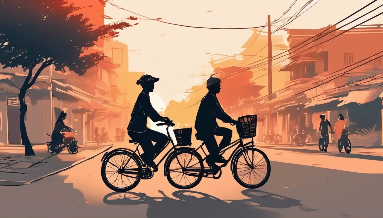 two people, silhoettes, cycling in the street Hà Nội, sunset, fine brush lines,  jsmn style 