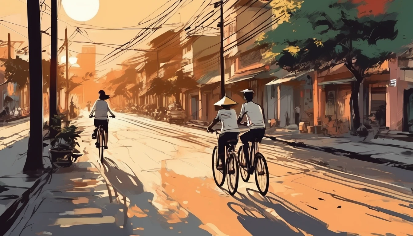 two people, silhoettes, cycling in the street Hà Nội, sunset, fine brush lines,  jsmn style 