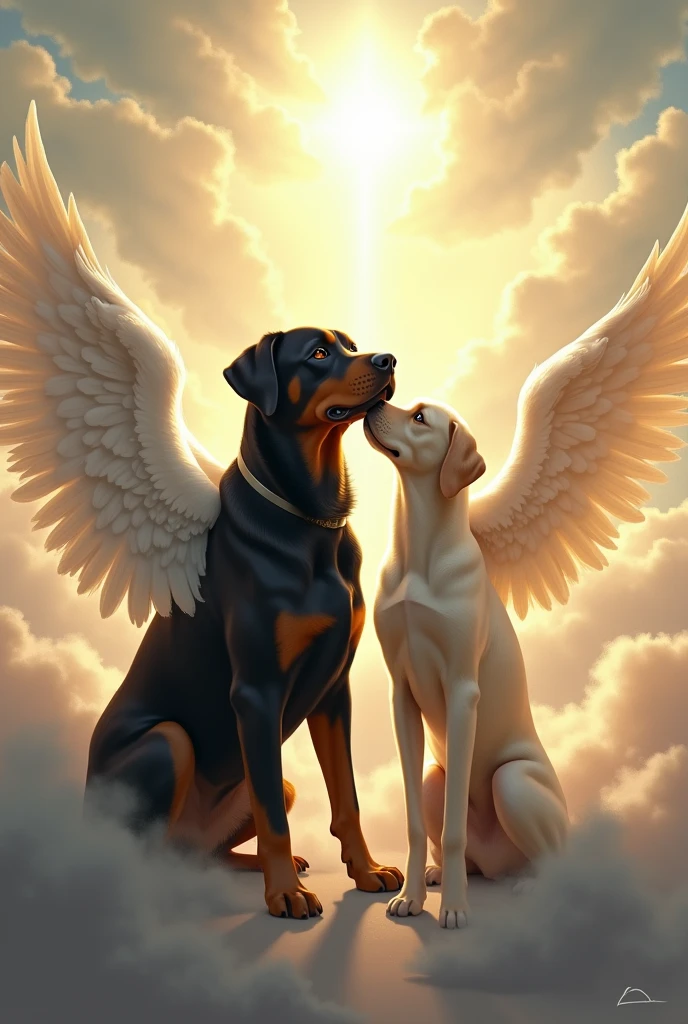 Create a drawing of a Rottweiler dog, all Black, with angel wings, arriving in heaven and being welcomed, in the sky, by another dog, Labrador, light-colored, also with wings.