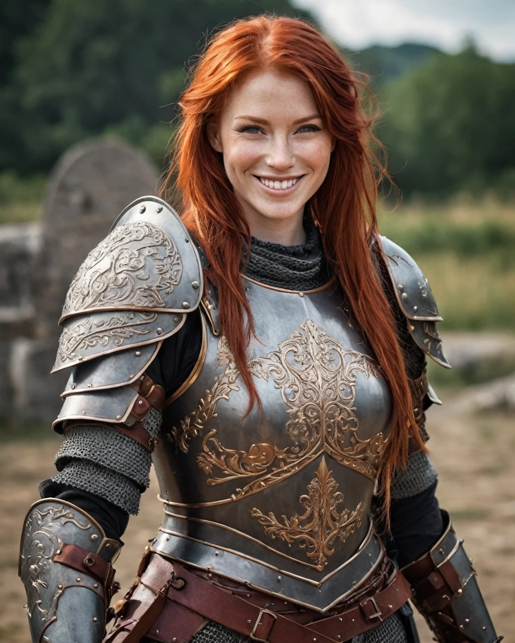 Medieval Warrior Woman, Red-hair,long, very beautiful, with armor, smiling at the camera, photographic quality, masterpiece, very realistic. 