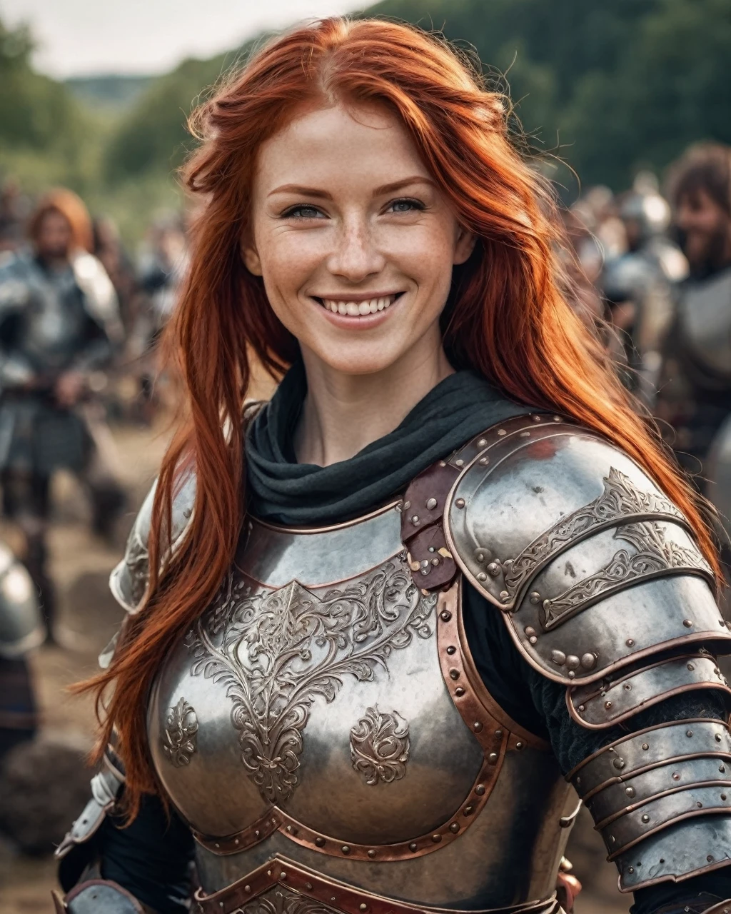 Medieval Warrior Woman, Red-hair,long, very beautiful, with armor, smiling at the camera, photographic quality, masterpiece, very realistic.