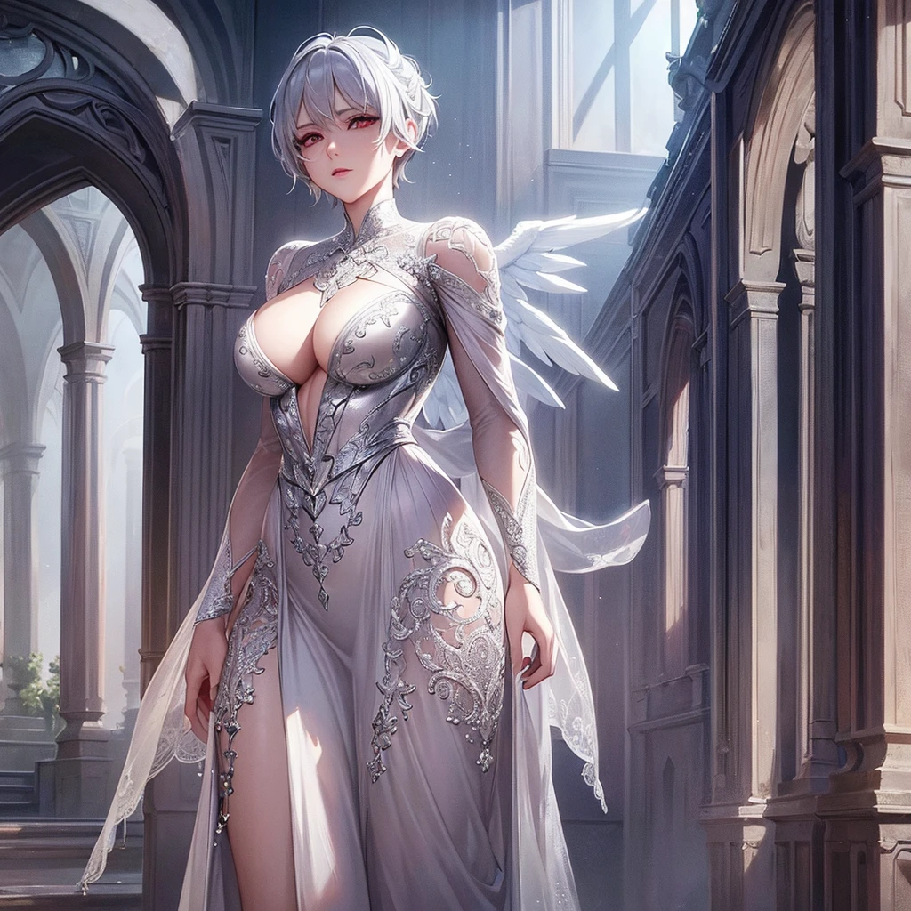 a beautiful detailed angel with 6 wings,6 different colors,short silver hair,red eyes,stunning,angelic outfit,masterpiece,best quality,8k,ultra-detailed,extremely detailed,photorealistic,cinematic lighting,dramatic colors,fantasy art,concept art