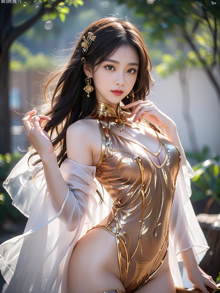 A female model, (Race:Chinese),((night, bamboo forest, moonlight, Thick fog)), (8K Ultra HD, 8K, Ultra-high resolution, best quality, masterpiece, Surrealism, Digital SLR Camera, Soft Light, Bokeh, Masterpieces), ((((Beautiful model-like face))), (Creating the image of a real girl), warm light, Realistic shadows, Dynamic poses, Elegant Posture, Cowboy lens, Full body front view, Be confident, Body facing the camera, Standing facing the camera, Open your legs slightly, Golden Ratio Graphics, Minimalism), (Happy smile, Big watery eyes, Cherry Blossom, Balanced Eyes, Perfect beautiful face, Normal facial features, Realistic skin, Attention to skin details, Skin is clean and radiant, Whitening, Anatomically correct body, 沙漏型figure, figure, cosmetic, Gloves, earrings, bracelet, necklace, Jewelry, veil, Hair accessories, Headdress, shawl), ((beautiful hair), Reddish-brown hair, Wavy curly hairstyle, Waist-length hair, Messy Hairstyle, Gradient hairstyles, Cyberpunk hairstyle), ((Transparent clothes:1.5), (Color of clothes: Pink orange background), Transparent Clothes, See-through clothes, Transparent Clothes, Tulle clothes, Mesh clothes, Transparent sci-fi clothes, Shiny micro bikini bra, (Clothes that accentuate your bust shape)), (Sexy的, Perfect breast shape, Teardrop chest shape, Snow-white breasts, very detailed breasts, 36C cups), (Super high waist, Deep V, Low-cut, Sexy, Flattering, Open crotch, (Camel toe, High fork strangulation)), (sock, Knee socks, 吊garter, Leg ring, garter, 腿部garter), (style:Sexy,Mature), (Wet body:1.0) , (Wet clothes:1.0)